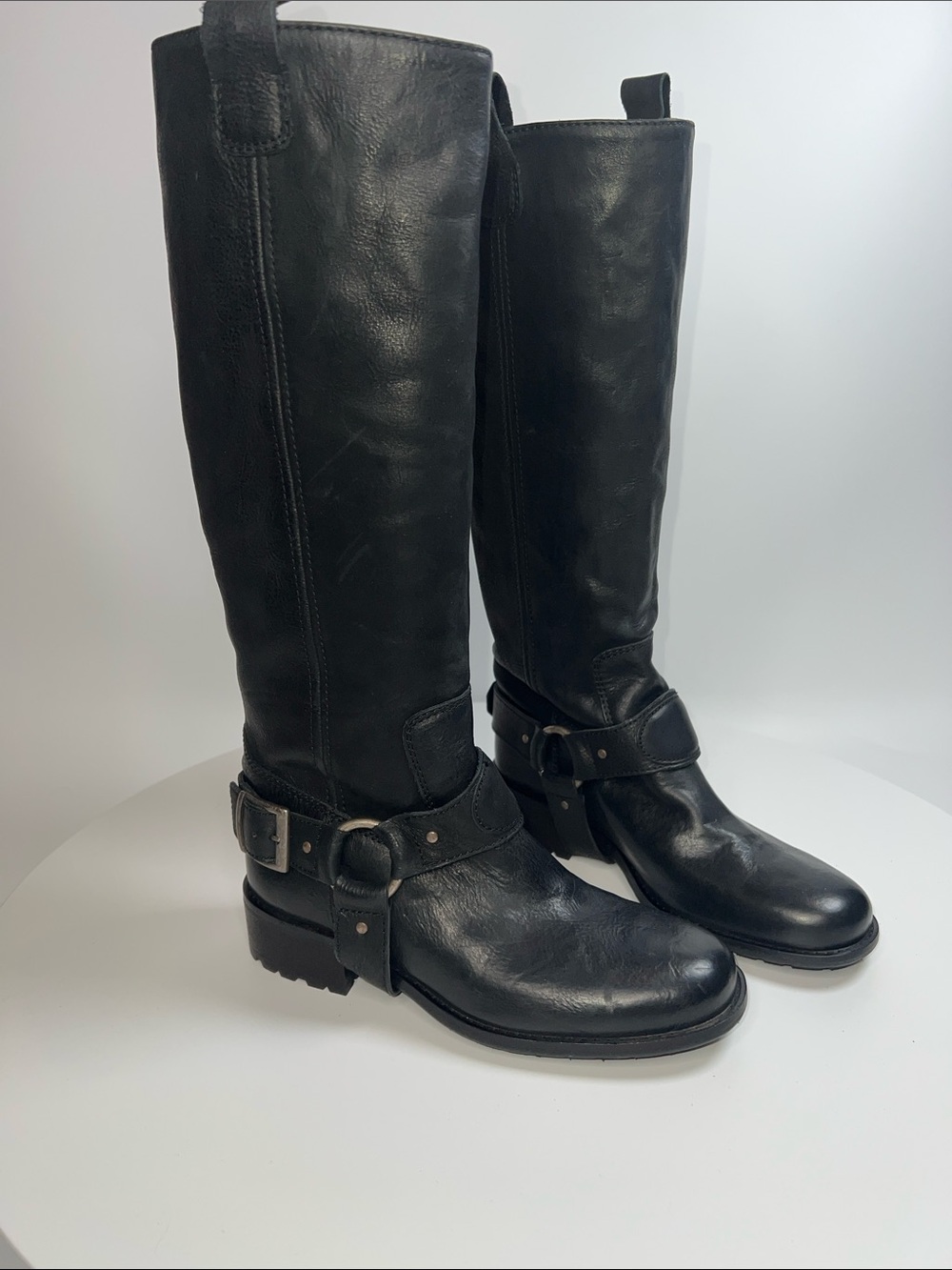 NEW SAKS FIFTH AVE BLACK LEATHER MOTO STYLE HARNESS BOOTS SIZE 37